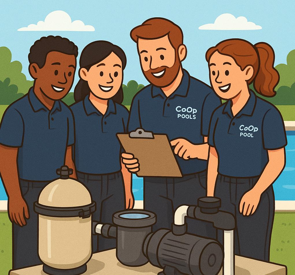 CoOpPools worker-owners collaborating on pool service