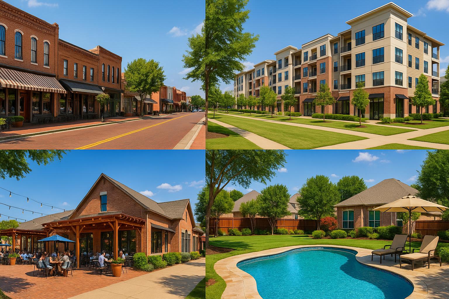 Collage of pools, neighborhoods, and landmarks in Roanoke, Texas